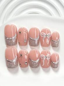 10件套闪亮美甲套装，包含凝胶指甲油、水钻美甲装饰、蝴蝶结和星星装饰，尽显奢华优雅风格，并附赠美甲工具（1个果冻贴+1个指甲锉）。提供三种尺寸：方形、短方形、杏仁形。适合派对、日常、活动、拍照、春夏通勤等场合。 - 彩色 - 查看 4