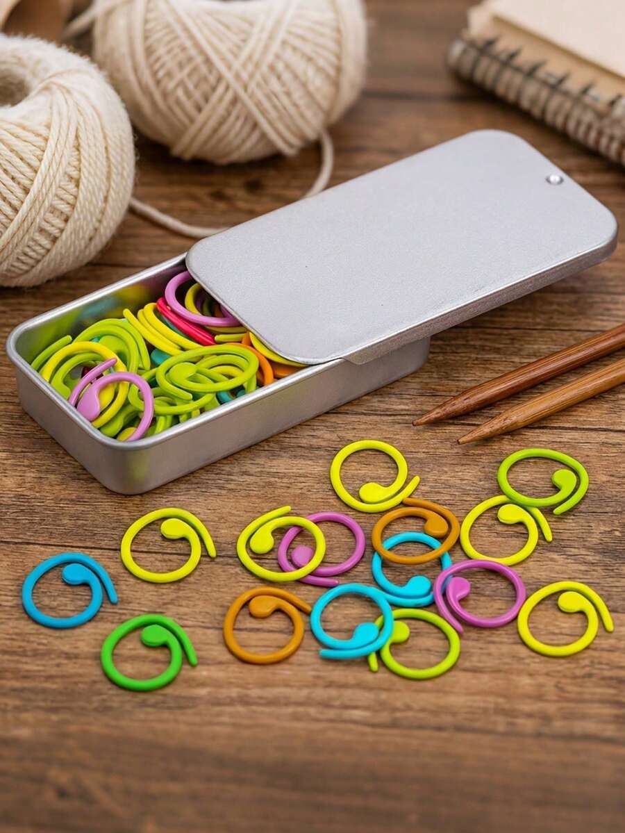 Multi-Color Metal Spiral Knitting Stitch Markers, Suitable For Crochet Clothing And Handicrafts, With Storage Box Included - Multicolor - View 1