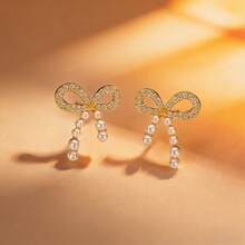 1 Đôi bông tai bạc S925 cao cấp thiết kế nơ đính đá Cubic Zirconia, món quà trang sức thanh lịch dành cho phái nữ. - Vàng - Xem 4