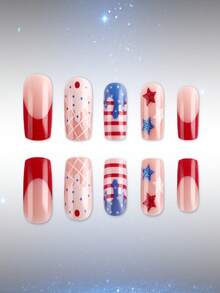 Independence Day Wear Minimalist Blue & White Striped Star & Ice Cream Pattern Fake Nails, Removable - Blue - View 3