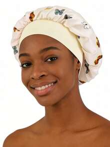 1pc Silk Satin Butterfly Print Sleep Cap/Shower Cap, Suitable For Curly/Straight/Braided Hair, Unisex - Multicolor - View 12