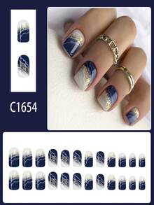 24pcs Short Glossy Square Nail Tips, European And American Cross-Border Minimalist Style Deep Blue Marble Line Glitter Nail Art Decals - Blue - View 2
