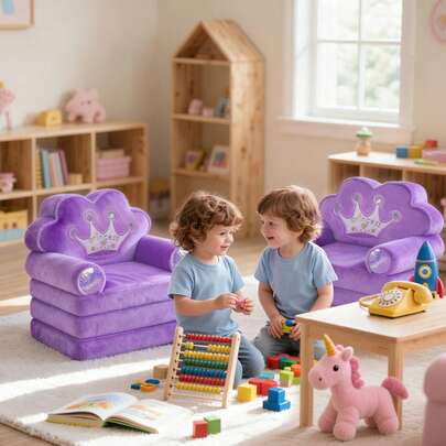 2-In-1 Crown Kids Sofa, Foldable Recliner , Soft Faux Rabbit Fur Fabric Flip Open Chair For Boys Girls, Cozy Playroom Furniture