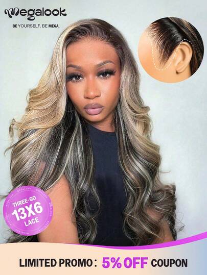 MEGALOOK 渐变铂金浸染升级版 13x6 Max Three-Go™ 蕾丝前假发，带抽绳，预剪裁耳到耳蕾丝，自然发际线，无需胶水，浸染颜色，180% 密度，波浪卷发