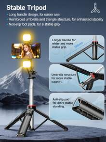 1310mm / 51.57-Inch Wireless Selfie Stick / Phone Tripod, 3-Level Adjustable Mini Fill Light, Wireless Detachable Remote, Retractable And Foldable Design - Easy To Carry, Made Of Enhanced Aluminum Alloy, Suitable For Live Streaming, Christmas And Various Holiday Recordings, Travel, Outdoor Activities. - View 10