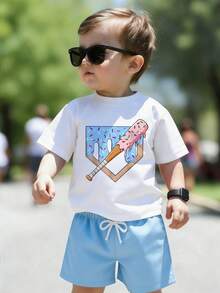 Bộ quần áo thường ngày cho bé trai gồm áo thun ngắn tay cổ tròn in hình bóng chày và quần short. - trắng - Xem 2