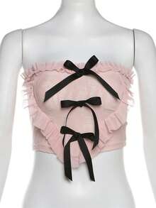YeonC 女士露肩粉色吊带喇叭形短款上衣，饰有蝴蝶结细节和不对称下摆，采用高弹力涤纶面料 - 粉色 - 查看 9