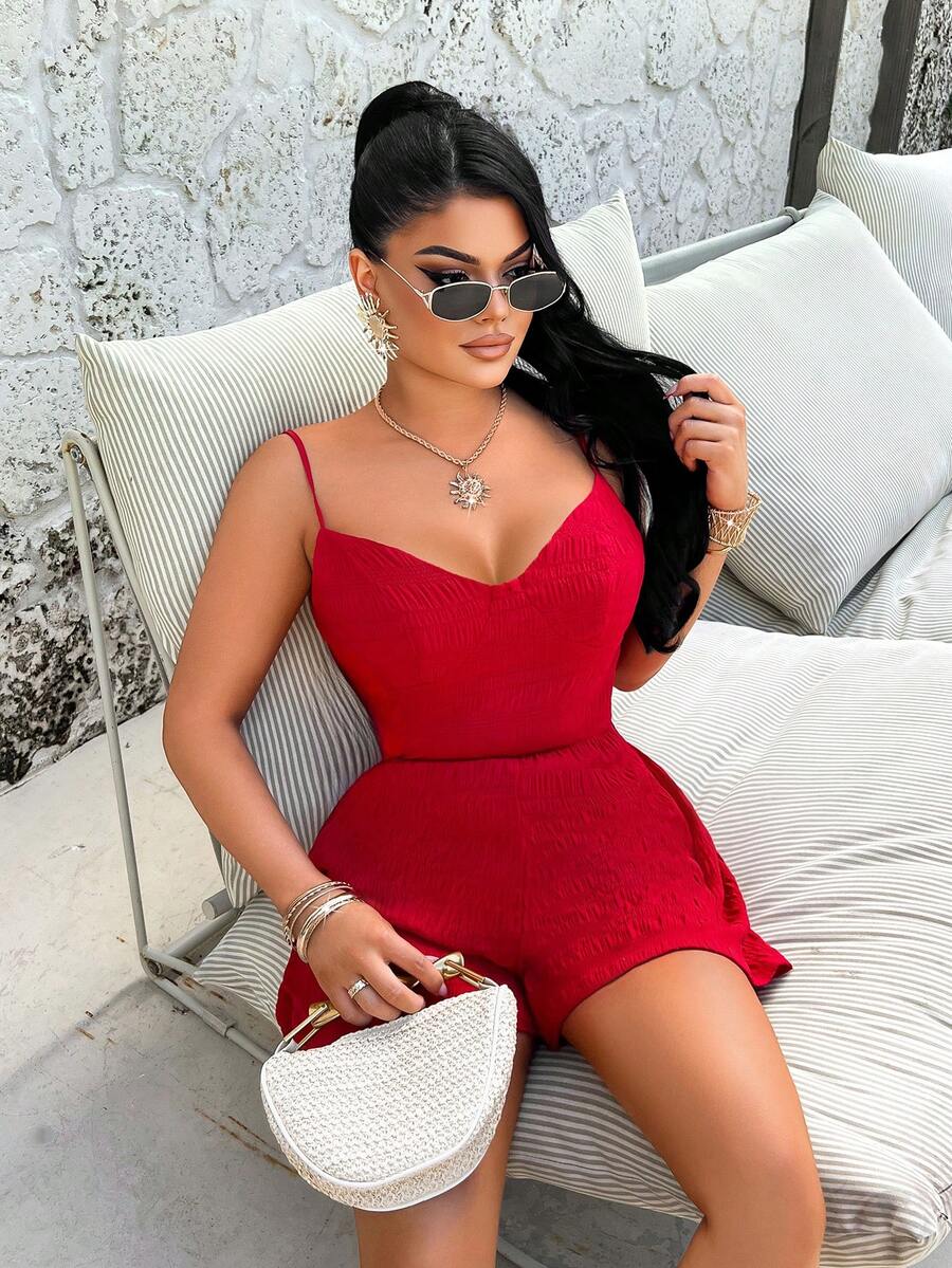 AIJ Amarilo 女士红色简约优雅休闲无袖连体裤，夏季度假连体裤 - 紅色 - 查看 1