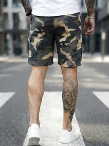 男士迷彩工装休闲短裤，户外运动宽松百慕大短裤 - 卡其色 - 查看 2