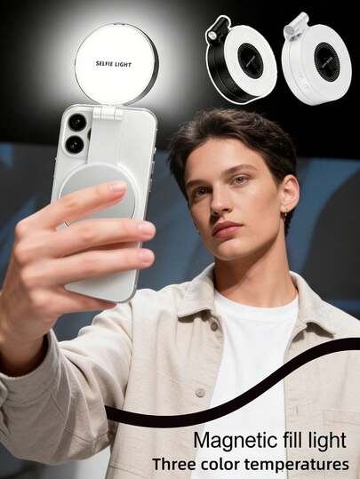 Mirrored Phone Fill Light, Magnetic Selfie Light, Compatible With IPhone, 360° LED Selfie Ring Light With Adhesive Ring For Selfie Photography, Zoom Calls, Video Conferences, Pocket Fill Light, Portable Selfie Light, Video Conference Lighting With Phone Camera Clip, Video Conference Clip-On LED Light, 3 Lighting Modes, Rechargeable, Portable, Suitable For Laptops/Mobile Phones/Tablets/Zoom Calls/Makeup, Suitable For Selfies And Live Streaming, Portable Light