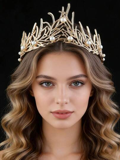 1pc Baroque Vintage Pearl Bridal Crown, Alloy Leaf Headpiece, Holiday/Birthday/Graduation Gift Accessory