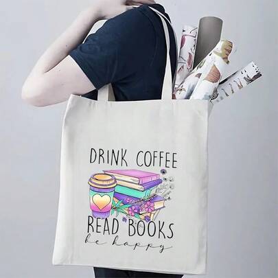 Book Lover's Delight: "Drink Coffee, Read Books, Be Happy" Canvas Tote Bag - Perfect For Travel And Gifts, Suitable For Graduates And Bookworms, Personalized Tote Bag - Large Capacity Canvas Book Bag For Women, Lightweight Travel Beach Bag, Teacher's Day & Christmas Gift For Her, College Essential School Bag, Handbag Shoulder Bag White, Personalized Gift (Multiple Designs), Teacher Gift