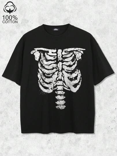 Tiny Spark ストリートウェア ブラックTシャツ スケルトングラフィック ホワイトプリント