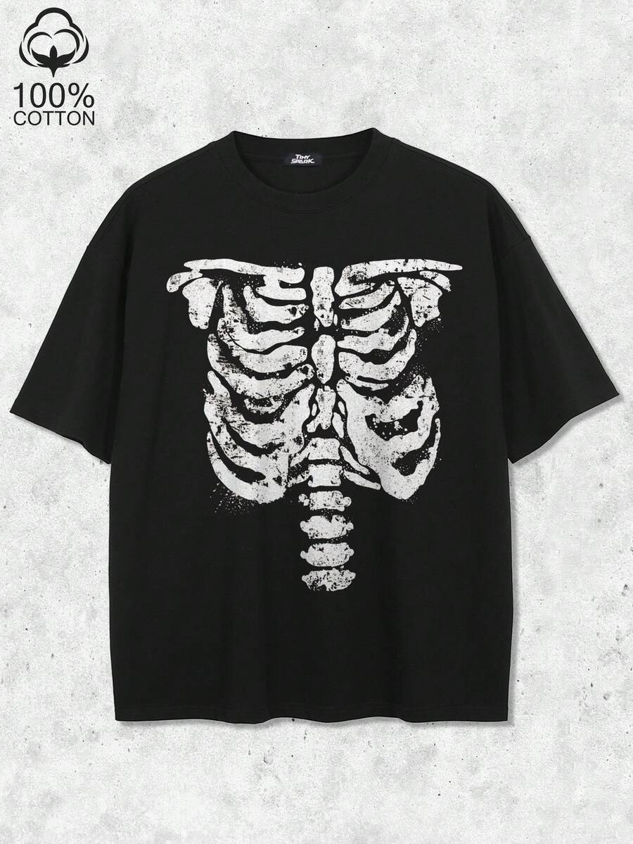 Tiny Spark Camiseta negra de estilo urbano con estampado blanco de esqueleto - Blanco - Ver 1