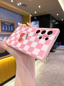 1pc Minimalist Plaid Cherry Pattern Shockproof Protective Phone Case, Compatible With IPhone/ Galaxy/HONOR, Fashionable And Stylish Choice - Pink - View 7