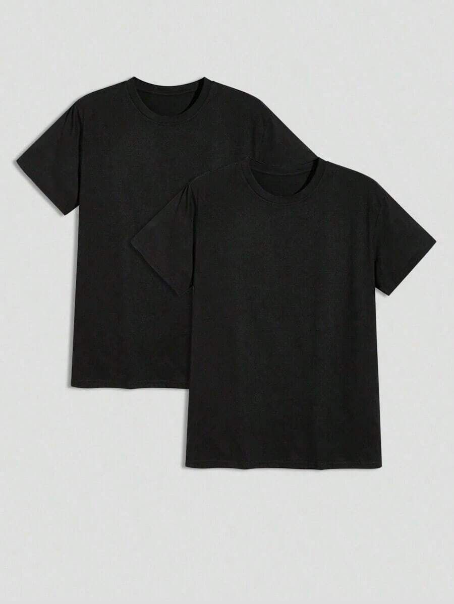 [New Products Arrive With Great Power]Manfinity Homme Men 2pcs Round Neck Plain Casual Short Sleeve Tee, Boyfriend Gift, For WorkUnisex T-Shirts For Summer Outings - màu đen - Xem 1