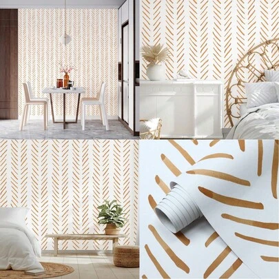 1 Roll Yellow & White Striped Self-Adhesive Wallpaper, Herringbone Geometric Pattern Removable Wallpaper, Suitable For Bedroom, Bathroom, Dining Room, Kitchen Wall, Cabinet, Drawer Lining, Modern Decor Style, 45CM*500/300/100CM