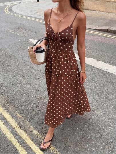 Đầm HoloChill Vintage chấm bi nâu dáng lửng, đầm hai dây không tay cổ chữ V gợi cảm, chân đầm xòe, thiết kế hở lưng, đầm hè nữ, đầm đi nghỉ mát, đầm dự tiệc thanh lịch, đầm đi biển nữ, đầm dự đám cưới, đầm sinh nhật nữ, đầm thanh lịch nữ, đầm đi nghỉ mát biển nữ, đầm thường ngày nữ.