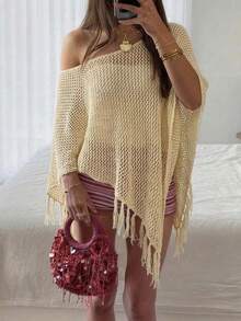 BuyK [Áo] Áo khoác cardigan ngắn kiểu Bohemian Y2K gợi cảm, khoét lỗ, tua rua, màu trơn, nhẹ, kiểu áo choàng trễ vai, vạt áo bất đối xứng, thích hợp cho đi biển, lễ hội âm nhạc mùa xuân. - Màu vàng - Xem 6
