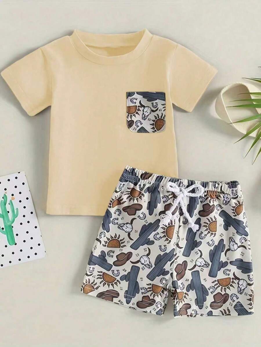 2pcs/Set Toddler Boys' Western Cowboy Pocket T-Shirt + Shorts Set, Summer - Champagne - View 1