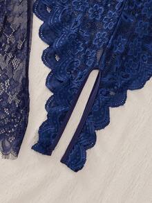 Conjunto de pijama de talla grande con combinación de encaje y mono sexy - Azul Marino - Ver 6