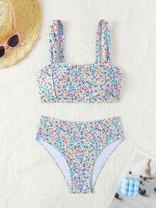 Random Ditsy Floral Printed Beachwear Set Summer - 藍色 - 查看 5