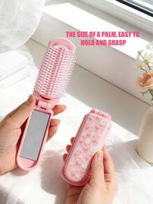 1pc Pink Foldable Comb With Daisy & Heart Print, Compact Design With Built-In Mirror, Portable For Women, Suitable For Travel & Gift - Multicolor - View 6