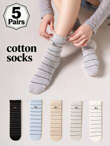 1/5 paires de chaussettes mi-mollet en coton pour femmes, motif chien de dessin animé mignon, haute élasticité & confortables, multicolores, pour le port quotidien & professionnel, toutes saisons - Multicolore - Voir 10