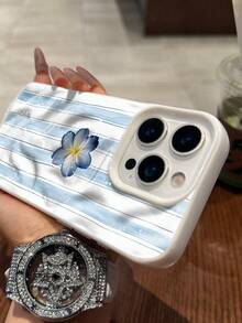 1 chiếc ốp lưng tương thích với iPhone 17/16 Pro Max/15 Plus/14 Pro, chất liệu TPU nhăn, kiểu dáng ven biển, sọc xanh trắng và họa tiết hoa sứ, chống sốc toàn diện, các đường cắt chính xác. - trắng - Xem 2
