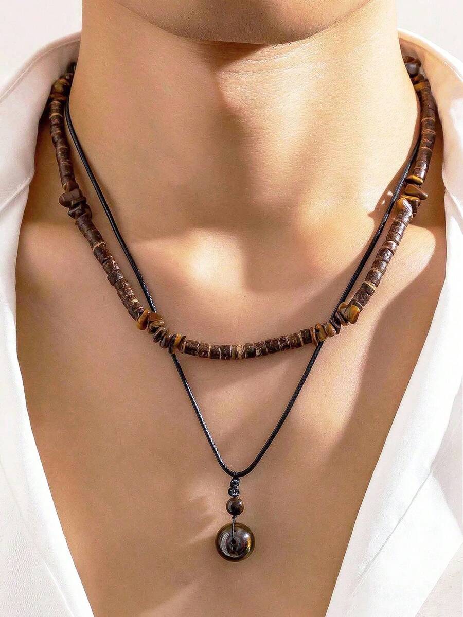 1 Set Men's Fashion Coconut Shell & Turquoise Beaded Wax Cord Necklace, Stylish Hip Hop - màu nâu - Xem 1