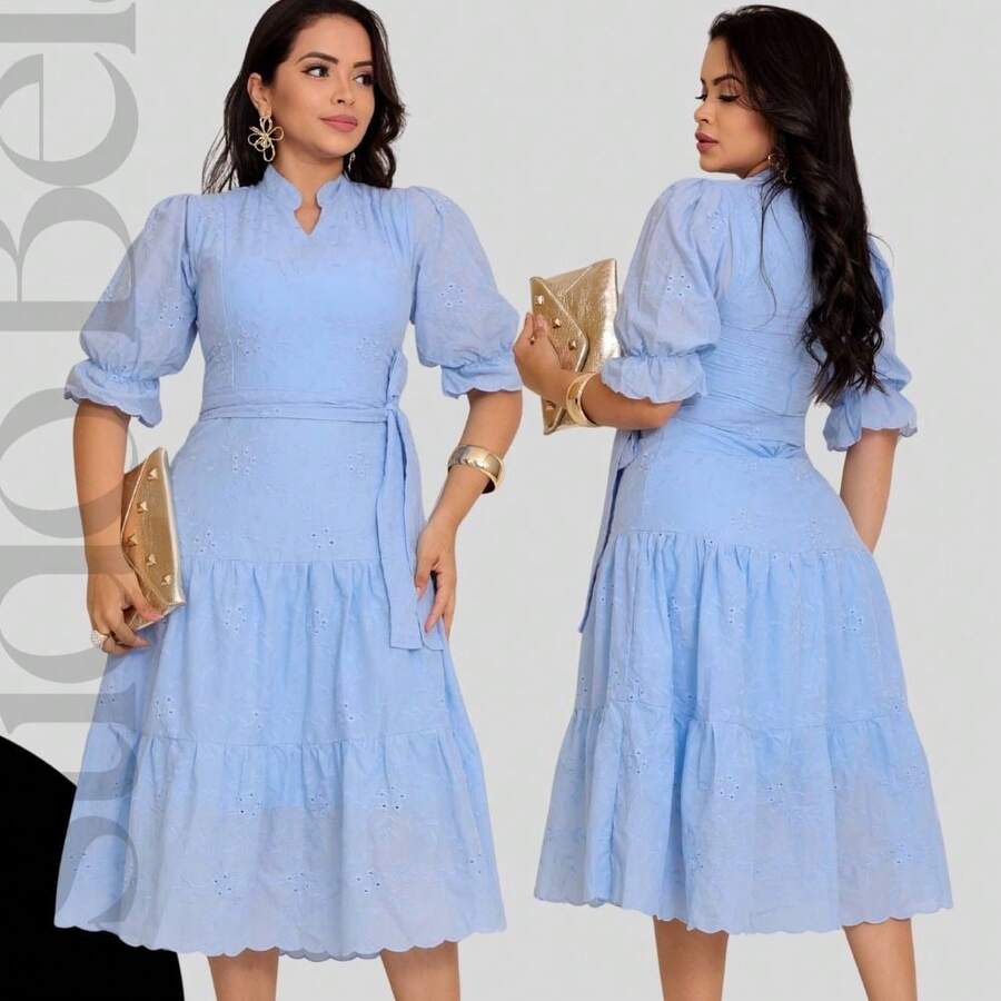 Women's White Midi Dress In Cotton Lace, Lined, Suitable For Church, Wedding, Engagement, Anniversary, Civil Ceremony, Elegant, Evening, Not See-Through - 淺藍色 - 查看 1