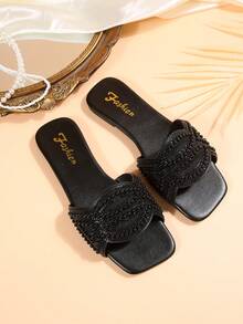 Women's Versatile Black Pearl & Rhinestone Flat Slippers, Summer - Black - View 4