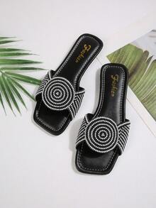 2026 New French Style Crystal Embellished Square Toe Flat Slide Sandals, Elegant Slip-On Suitable For Dresses, Spring/Summer/Autumn - Black - View 8