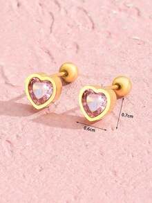 1 Đôi bông tai hình trái tim bằng thép không gỉ mạ vàng, đính đá Zirconia, dễ thương, phụ kiện trang sức thời trang, quà tặng Ngày của Mẹ, quà tặng bông tai - Vàng - Xem 5