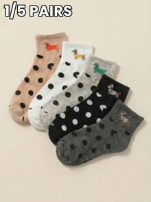 1/5 Pairs Spring/Summer Personalized Thin Women Ankle Socks, Dachshund Pattern Fashion Short Socks - Multicolor - View 1