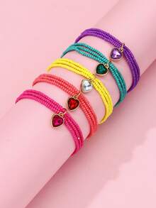 Bộ 5 chiếc vòng tay trẻ em kiểu Bohemian thanh lịch, nhiều lớp, làm thủ công, đính đá pha lê hình trái tim, thích hợp đeo hàng ngày, làm quà tặng hoặc dự lễ hội. - Nhiều màu - Xem 2
