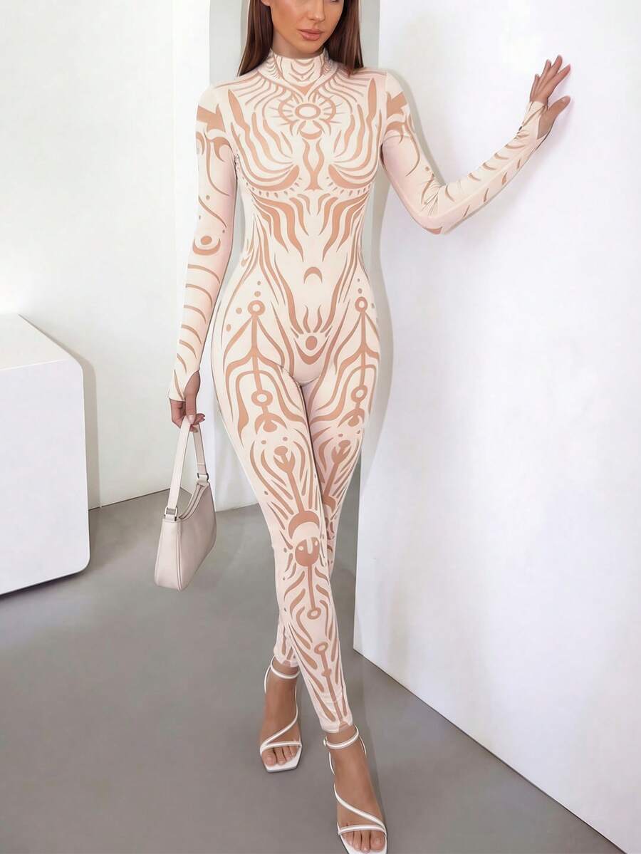 DOUCIU Sexy Bodycon Round Neck Long Sleeve Contrast Color Jumpsuit For Women White - White - View 1