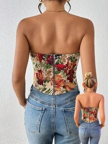 Áo ôm sát không tay in hoa, không dây vai - Nhiều màu - Xem 6