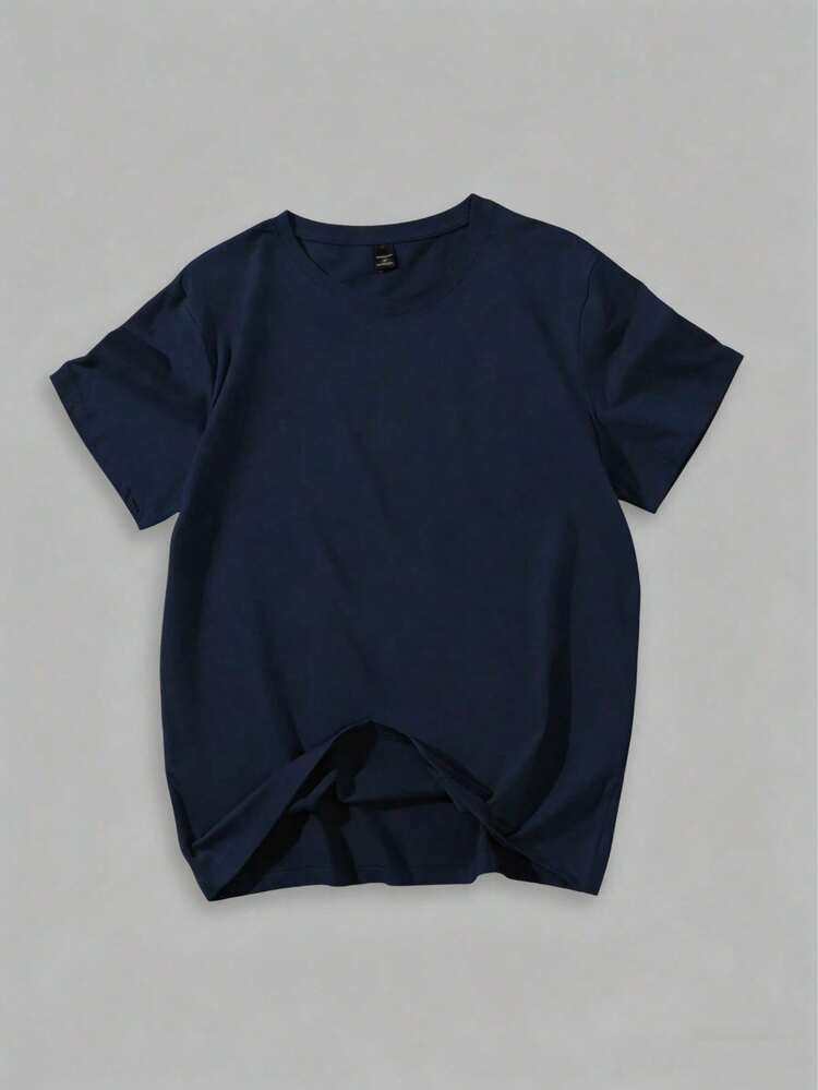 Homme Men's Solid Color Short Sleeve T-Shirt-Unisex Casual Vintage Street-Style Loose-Fit Cotton T-Shirt Top - Navy Blue - View 11