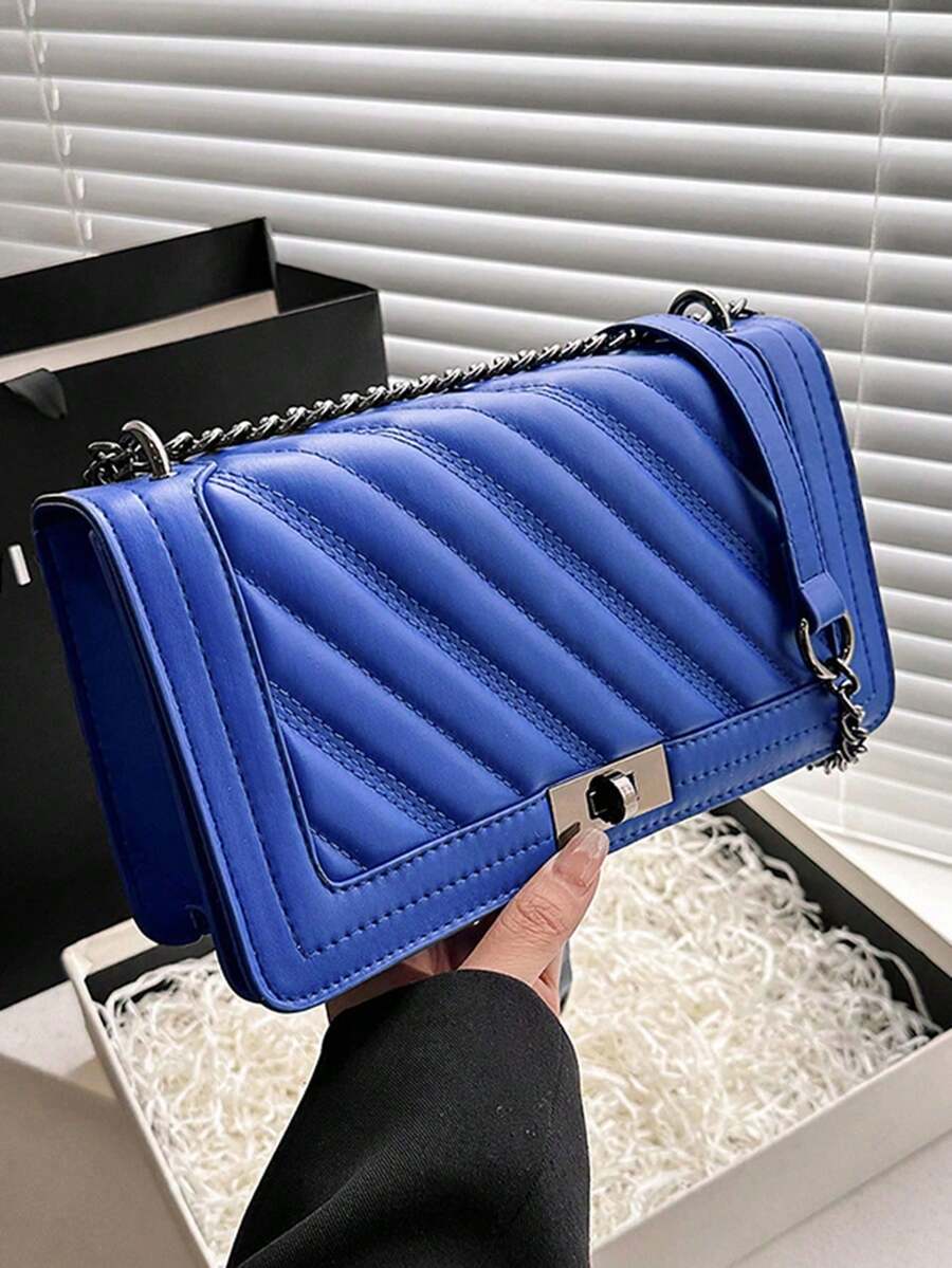1pc Blue Twist Lock Shoulder/Crossbody Bag With Chain, Magnetic Closure, Embroidered Solid Color Handbag With Fish Bone Embroidery Pattern, Suitable For Work And Dates