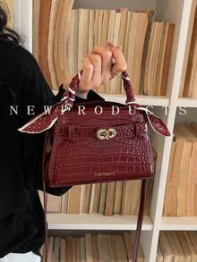 1个鳄鱼纹压花PU材质围巾手提包，金属扣女士单肩斜挎包，适合日常外出、约会、通勤。 - 酒紅色 - View 7