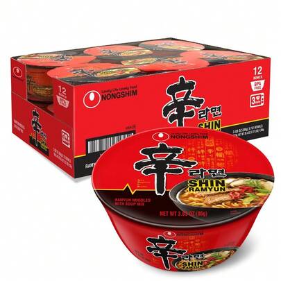  Nongshim Shin Ramyun Bowl Noodles, Spicy Korean Signature Instant Ramyun, Rich Beef Flavored Broth, Quick And Easy, Microwaveable Bowl, 3.03 Oz (Pack Of 12)