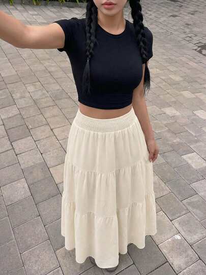 Falda casual minimalista de unicolor con volantes en el bajo para mujer, primavera