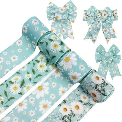 2.5英寸宽水彩蓝色花卉装饰丝带，4卷装，适用于母亲节、生日、婚礼、新娘DIY包装、派对装饰（蓝色）
