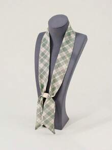 1件装女士绿色格子扁平珍珠真丝围巾项链，独特设计，可调节布艺颈链配饰 - 綠色細格紋(扁珠) - 查看 8