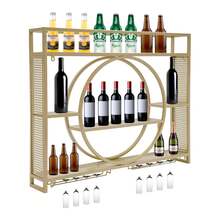 ZHFEISY 3-Tiers Wall Mounted Wine Rack, Modern Round Hanging Metal Display Stand With Wine Glass Holder Hanging Industrial Liquor Shelf For Kitchen, Living Room, Home - Gold - View 5
