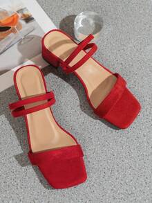Women's Black High Heel Sandals, Elegant Summer Faux Suede Open Toe Chunky Heel Ankle Strap Sandals - Red - View 4