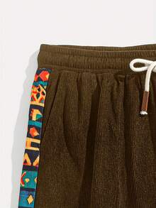 Summer Men's Textured Corduroy Patchwork Print Drawstring Shorts, Side Stripe Casual Loose Fit Breathable Streetwear Retro Shorts, Vertical Striped Textured Fabric - Brown - View 4