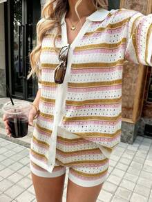 Women's Summer Vintage Vacation Style 2-Piece Knit Set, Hollow Stripe Top & Elastic Waist Shorts, Lightweight And Comfortable, Suitable For Daily, Beach, Street And Date - Beige - View 3