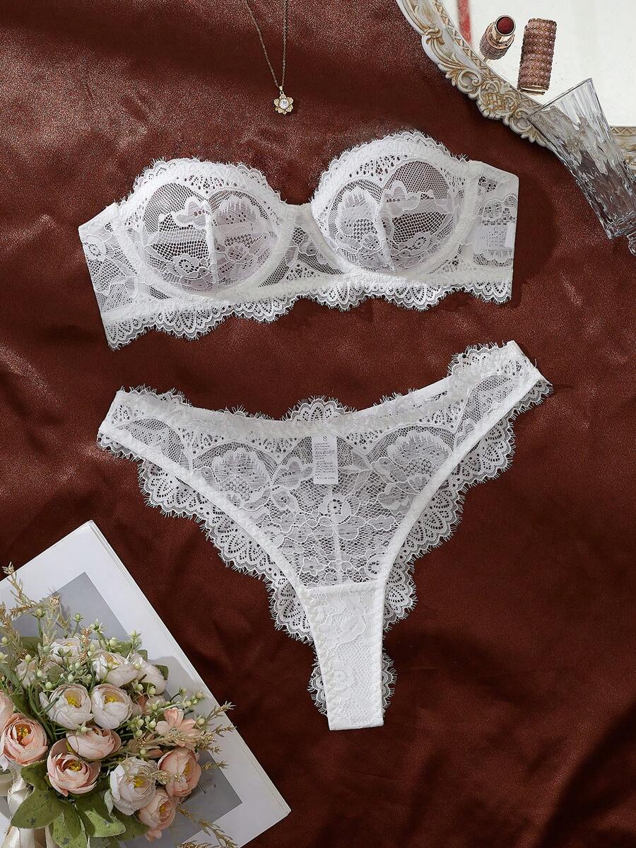 2 Stücke weißer Spitzen-Bandeau-BH-Set, zart und transparent & sexy, trägerloses Design passend für Bandeau-Outfits, süß und verlockend, geeignet für verschiedene Anlässe und Gruppen, mit Bügel für besseren Halt und Unterstützung - Weiss - Übersicht 1